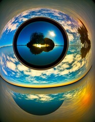 Reflections - Surreal, abstract, reflective, Point-and-shoot camera, Fisheye lens, Evening, Experimental photography, Slide film. Generated by AI