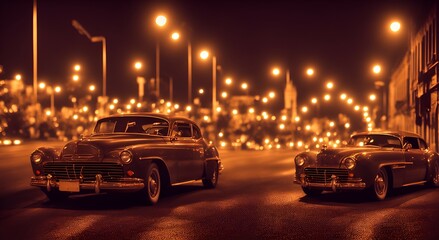 Fototapeta na wymiar Image of Classic car at night, Mysterious, romantic, glamorous, DSLR, Fast prime lens, Nighttime, Night photography, Color negative film. Generated by AI