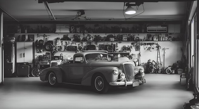 Image of Classic car in a garage, Vintage, nostalgic, authentic, Film camera, Standard lens, Early morning, Documentary photography, Black and white film. Generated by AI