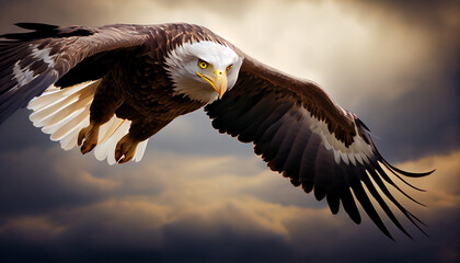An image of a majestic eagle or other bird of prey soaring through the sky generated by AI