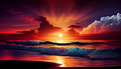 A picture of the sunrise or sunset over the ocean, with the sky ablaze with vibrant colors generated by AI