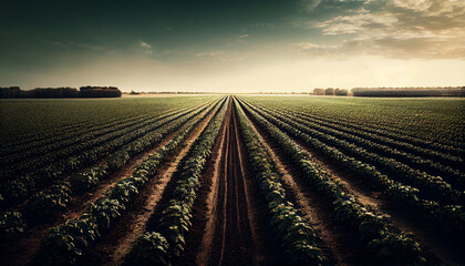 An image of a crop field on a farm, with rows of plants stretching as far as the eye can see generated by AI