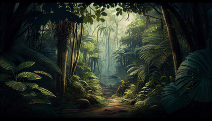 An image of a lush, tropical rainforest, with tall, dense trees and abundant wildlife generated by AI