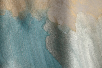 Soft wet watercolor paper texture blot painting wall. Abstract nacre silver, gold, beige marble...