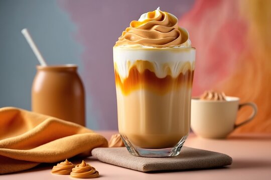 Tasty frappuccino caramel with whipped cream