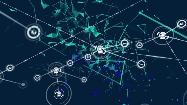 Animation of network of connections with icons and triangles over dark blue background
