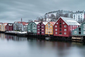 Trondheim in Norway - old buildings of Bryggerekka and Nidelva