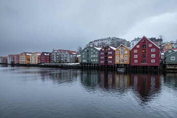 Trondheim in Norway - old buildings of Bryggerekka and Nidelva