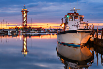Erie, Pennsylvania, USA Boats and and Lighthouse - Powered by Adobe
