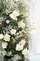 wedding or mothers day background, bouquet over white background, border with copy space