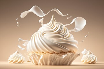 delicate french dessert mouth-watering meringue with cream on light background, created with generative ai