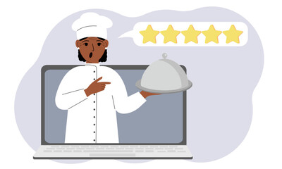A site with reviews of online grocery shopping through a laptop or ordering fast food delivery. The cook holds a tray with a lid or a plate with a lid.