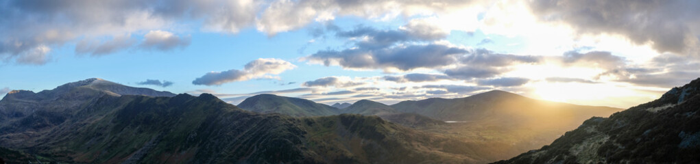 Naklejka na ściany i meble Snowdonia, Wales- Panoramic view of the Ogwen Valley