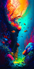 Obraz na płótnie Canvas Abstract vibrant colorful underwater coral fish portrait wallpaper - generative AI