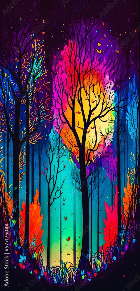 Wall mural Abstract vibrant colorful forest path portrait wallpaper - generative AI