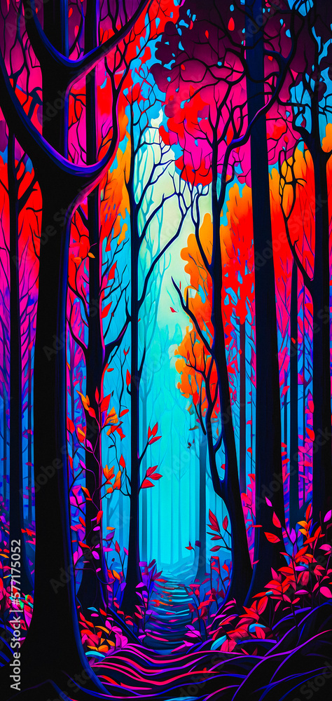 Wall mural Abstract vibrant colorful forest path portrait wallpaper - generative AI