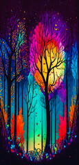 Abstract vibrant colorful forest path portrait wallpaper - generative AI