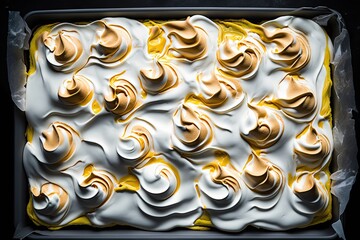 baked in oven meringue cake from batter on baking sheet, created with generative ai