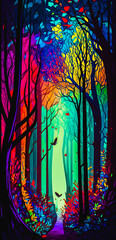 Abstract vibrant colorful forest path portrait wallpaper - generative AI