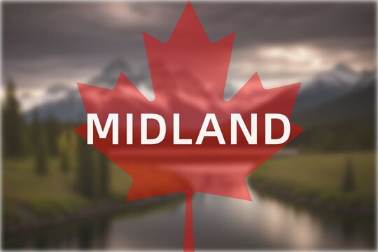 Midland: Der Name der kanadischen Stadt Midland in der Provinz Ontario vor einem Foto mit dem kanadischen Ahornblatt