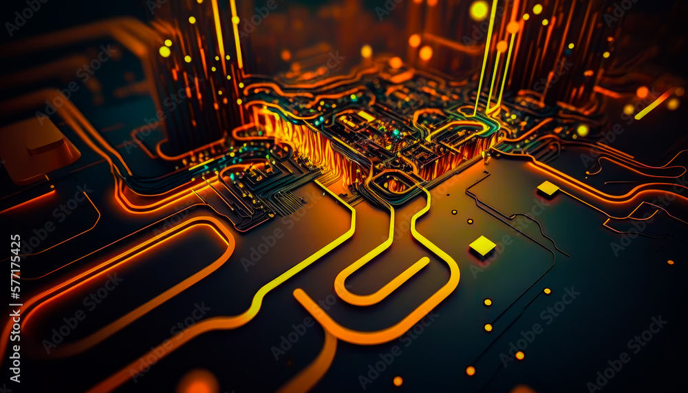 Poster computer circuit board with neon lights on it. generative ai.
