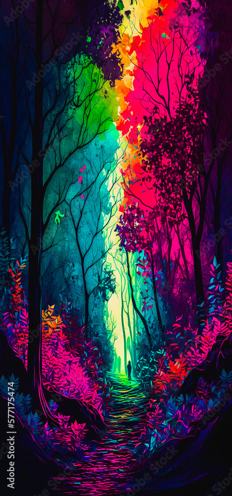 Wall mural Abstract vibrant colorful forest path portrait wallpaper - generative AI