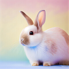 Generative AI image illustration of a cute, fluffy Easter bunny on a plain wall background with pastel colors blue and pink or purple and yellow with copy space for text for Easter cards