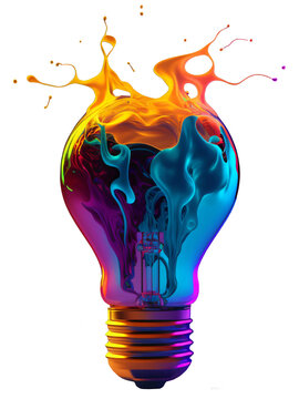 a colorful glowing 3d idea bulb lamp, isolated design element on transparent background, visualization of brainstorming, bright idea and creative thinking, generative ai