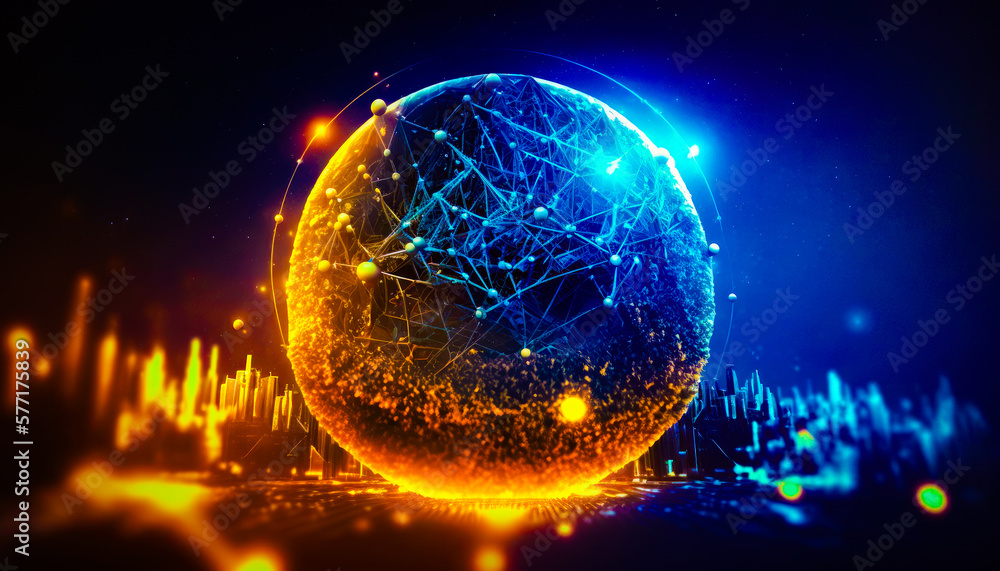 Poster sphere with lines and dots on dark background. generative ai.