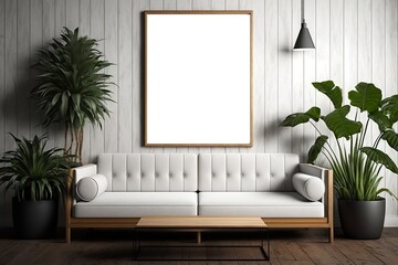 Bilderrahmen Mockup im Wohnzimmer. Poster oder Foto Motiv zum Einfügen. Vertikaler Holzrahmen über einem weißen Sofa mit grünen Pflanzen auf beiden Seiten. Generativ KI
