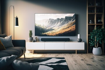 Mockup vom Wohnzimmer mit Smart-TV. Fernseher Bildschirm als Vorlage für Webseiten, Computerspielen oder andere Medien zur Präsentation.