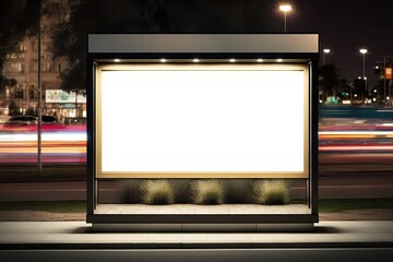 Mockup as advertising screen or illuminated display at the bus stop. Free, empty advertising space in the pedestrian zone. - obrazy, fototapety, plakaty