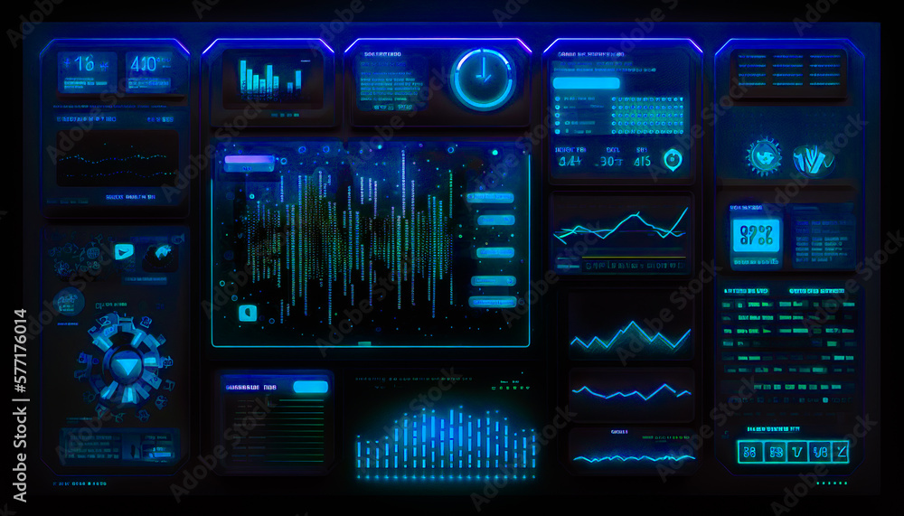 Poster large display of various electronic devices with neon lights. generative ai.