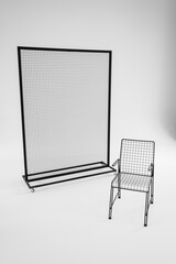 Interior of a photo studio. Designer chair and rack in a lattice on a white background.