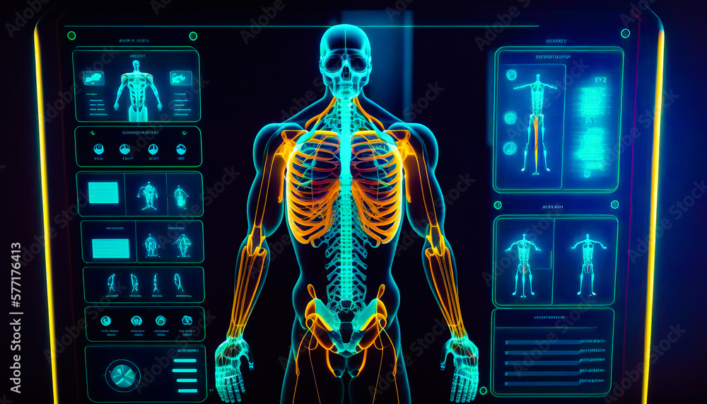 Poster computer screen with skeleton and various medical devices. generative ai.
