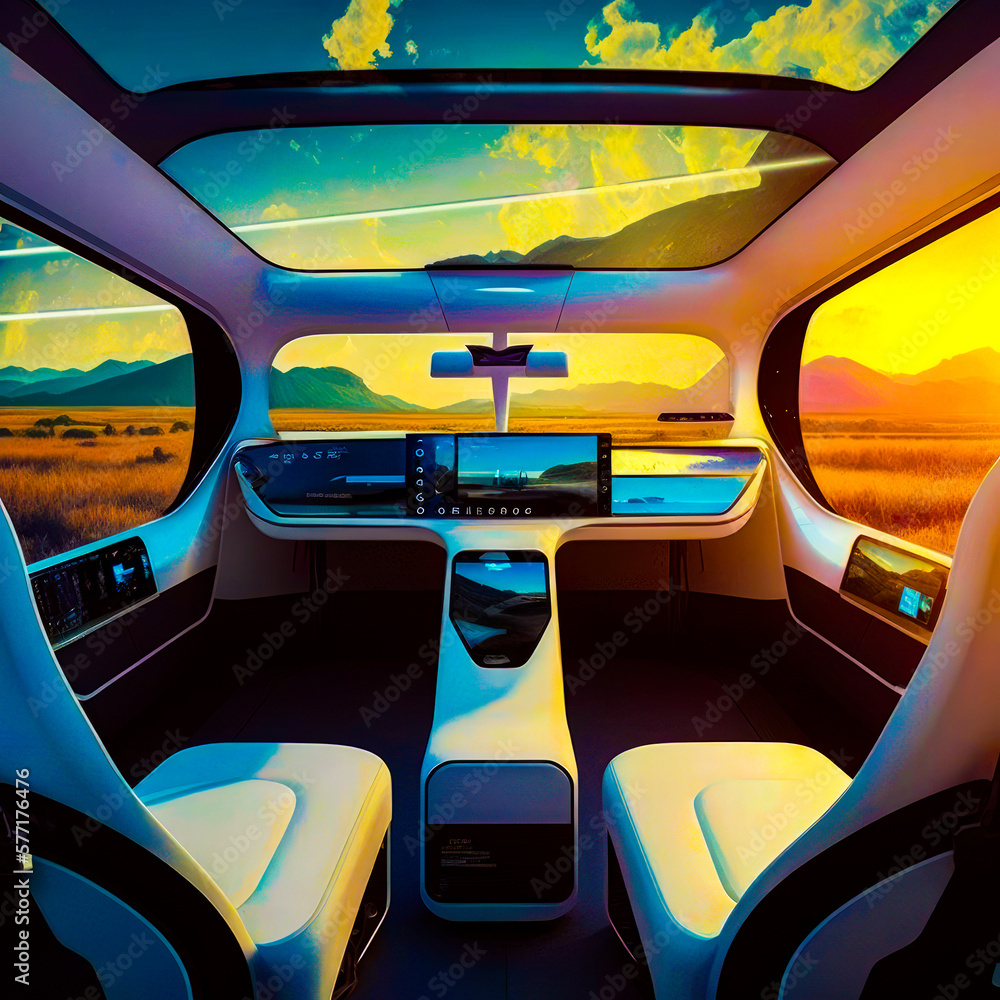 Poster the inside of car with view of the desert. generative ai.
