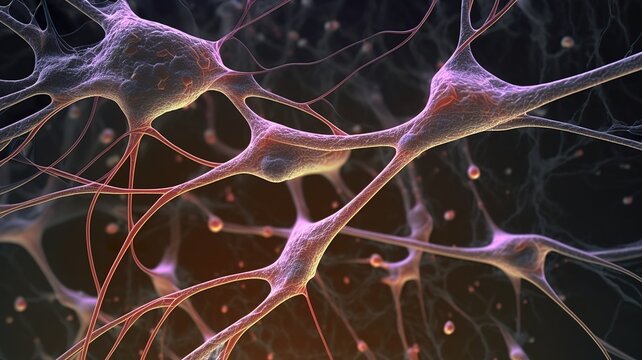 Detailliertes Nervenzellen Netzwerk als Makro Illustration. Darstellung von vernetzten humanoiden Gehirn-Zellen auf Grundlage mikroskopischer Vorlagen. Künstliche neuronale Netze. Generativ KI