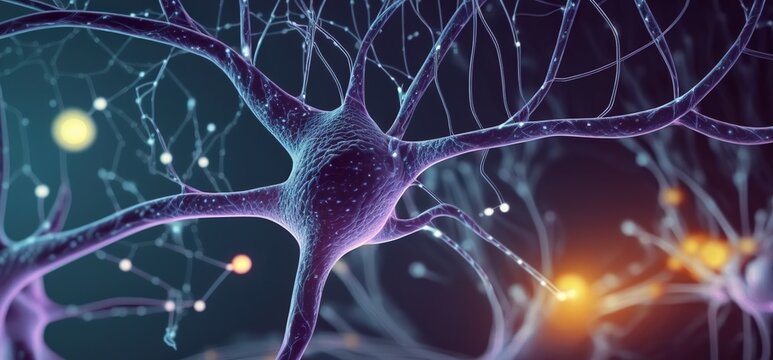  Nervenzellen im Verbund als 3d Illustration - Gehirnzellen und Neuronen - Synapsen Neurologie im Gehirn. Nervenbahnen Simulation einer KI. Abbildung f&uuml;r Nervenkrankheiten und Nervensch&auml;den.