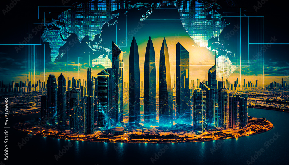 Poster futuristic cityscape with world map in the background. generative ai.