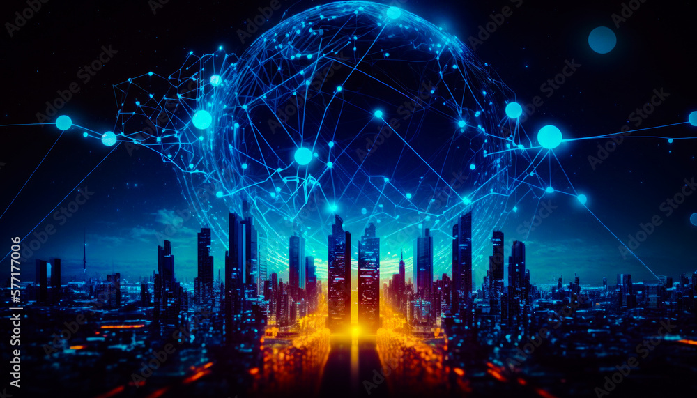 Aufkleber futuristic cityscape with lines and dots in the sky. generative ai.