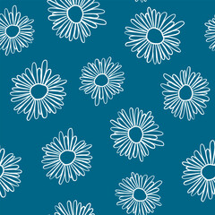 White Chamomile seamless pattern on the blue background 