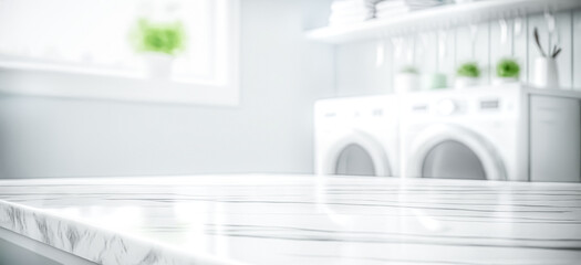 White blurry home laundry room with modern washing machine and empty marble table top. Blank space for product display. digital art	 - obrazy, fototapety, plakaty