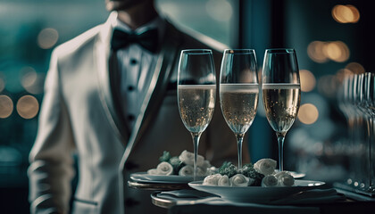waiter buffet restaurant worker with snack food and champagne .Generative AI