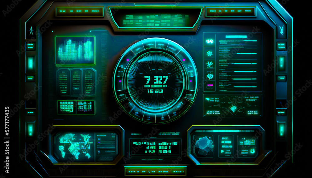 Poster futuristic interface with lot of buttons. generative ai.