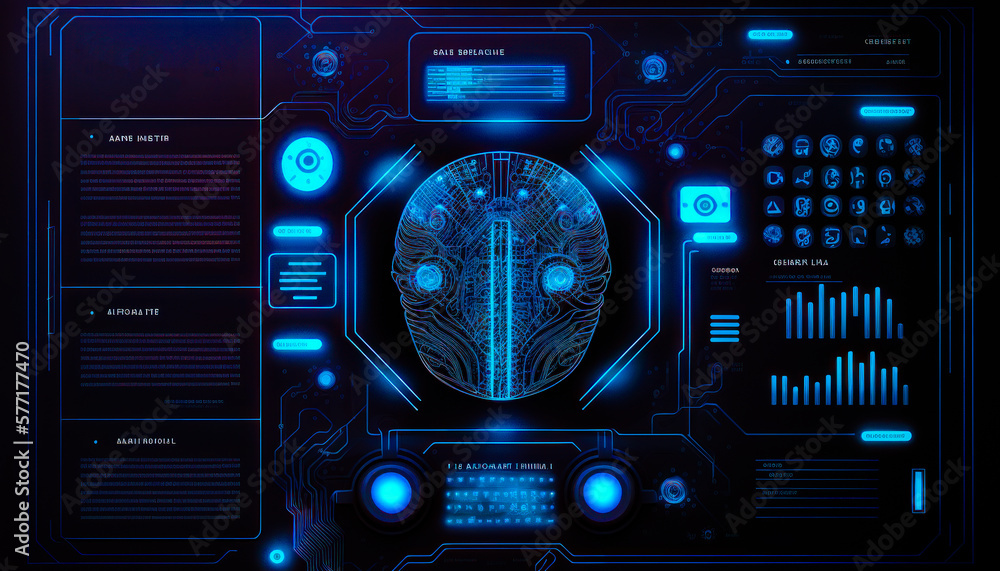 Poster futuristic interface with blue lights and buttons. generative ai.