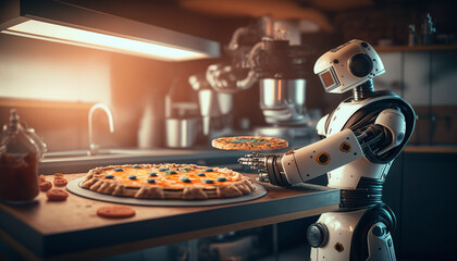 The Future of Civilization and Humanity. Robot chef makes and bakes pizza in the kitchen .Generative AI
