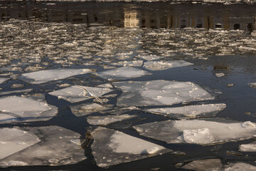 Ice floes on the Moskva River and seagulls over ice, taken on a sunny winter day