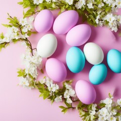 Naklejka na ściany i meble Easter eggs background in pale colors, generative ai