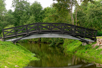 Fototapeta na wymiar Pedestrian bridge across the moat near the old manor.