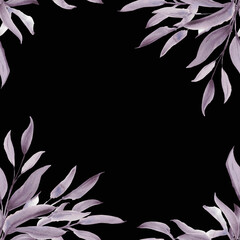 Frame. Watercolor purple leaves. A set elements on a white background. Tree leaf and branch.